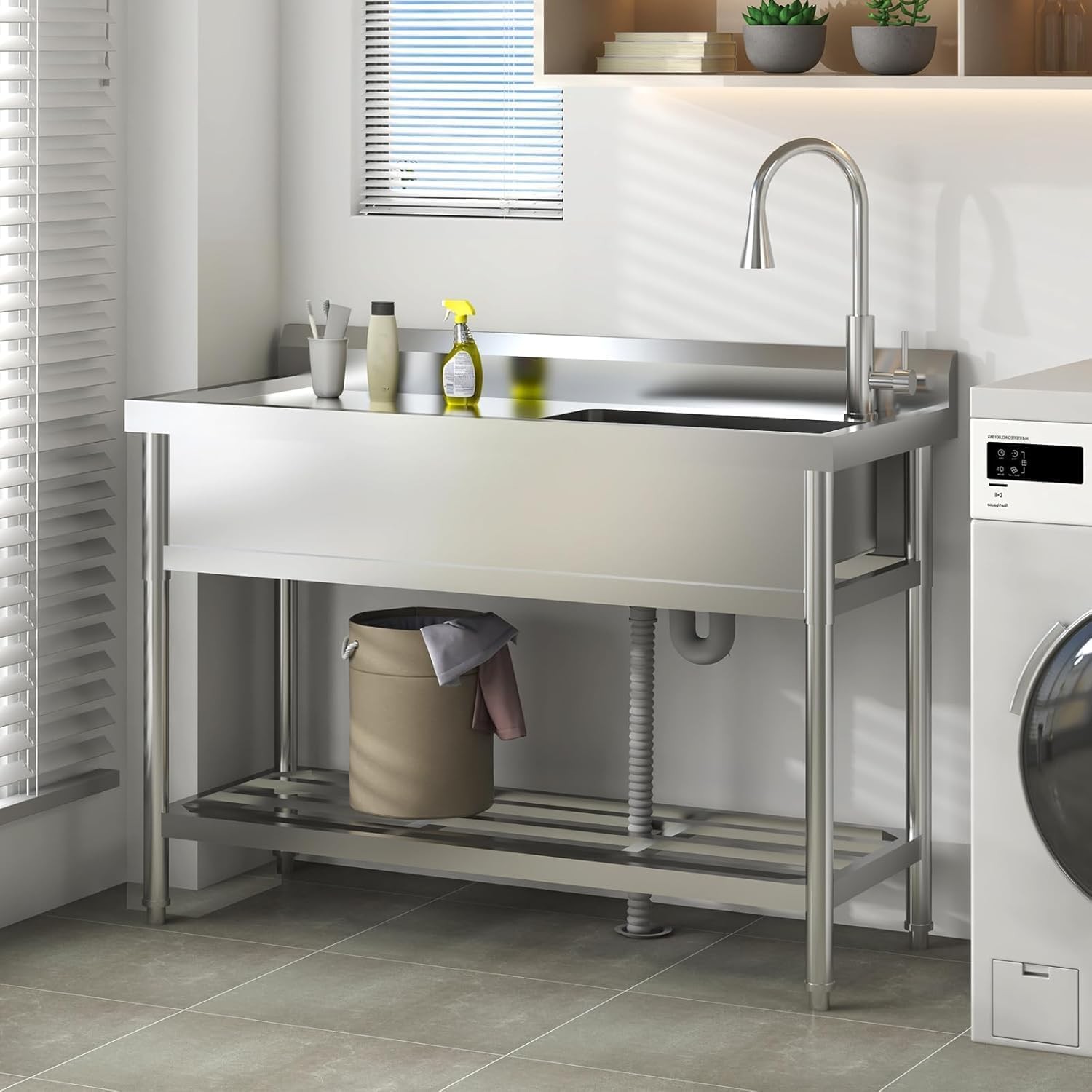 47″x37″x42.5″ Stainless Steel Utility Sink W/Hot & Cold Water Faucet,Garden Sink