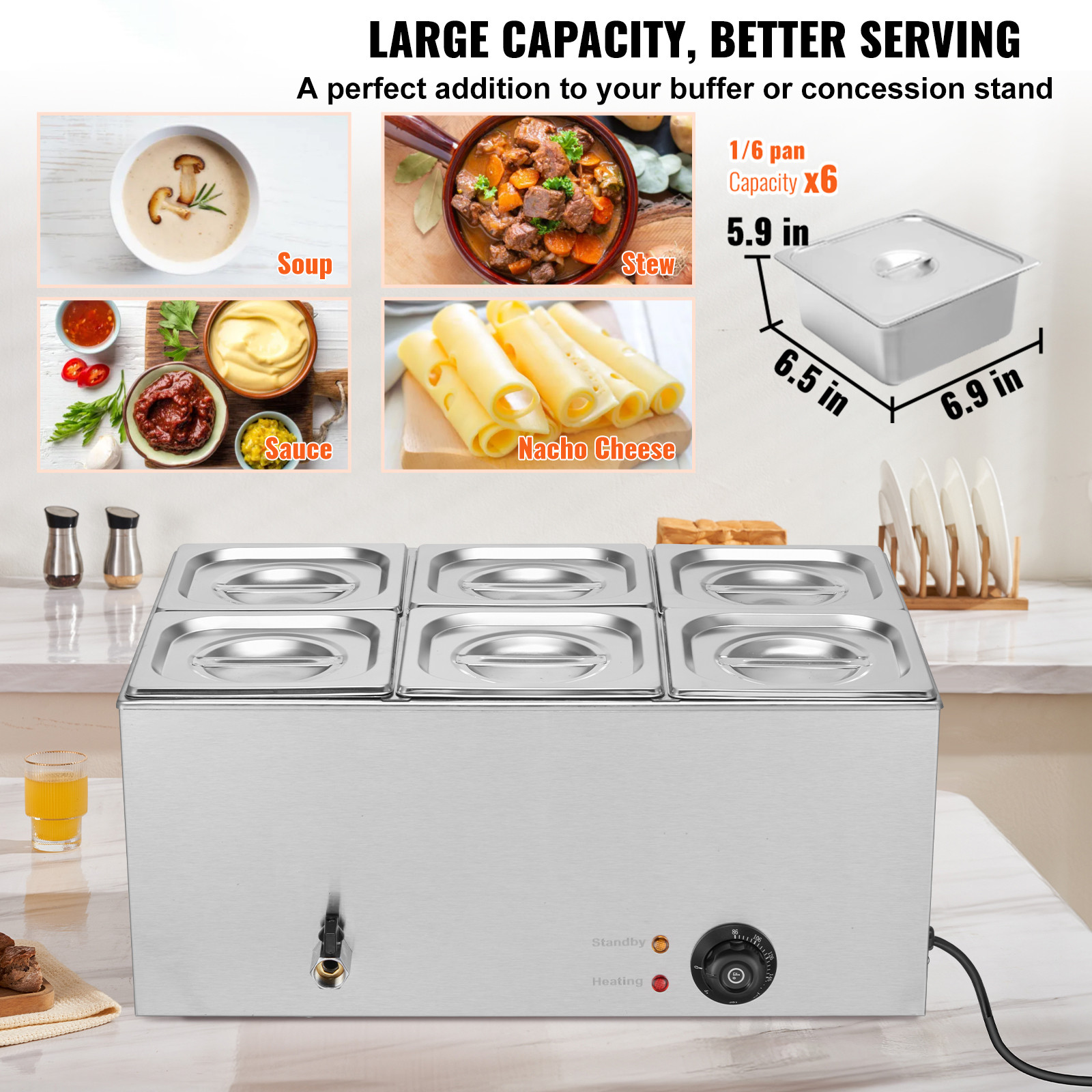 Commercial Food Warmer 6-Pan Countertop Buffet Bain Marie Electric Steamers