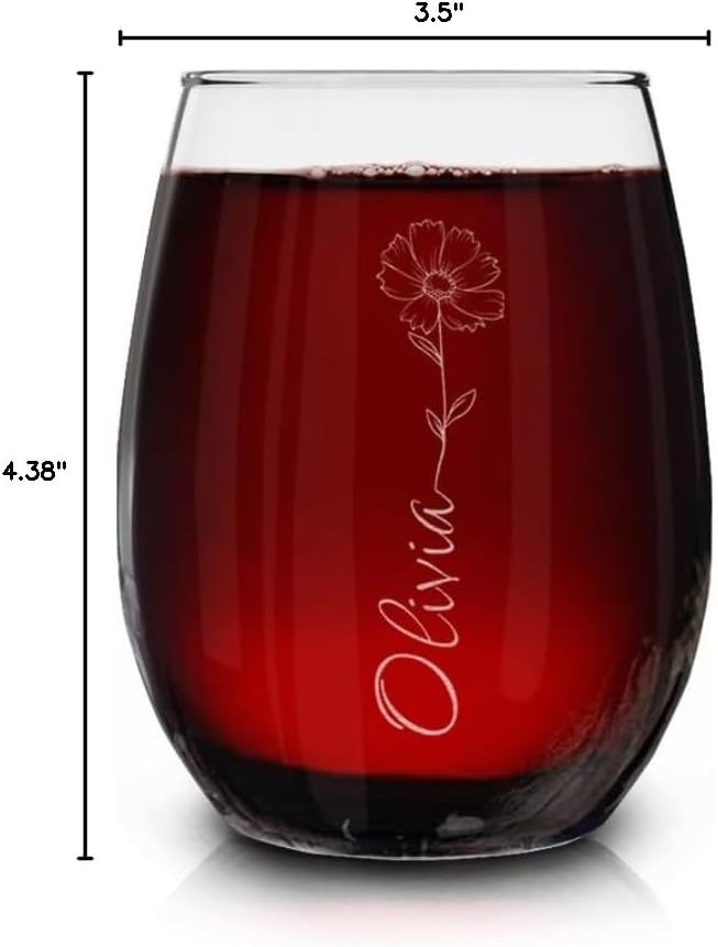 Personalized Birth Flower Stemless Wine Glass – Custom Engraved Name or Monogram