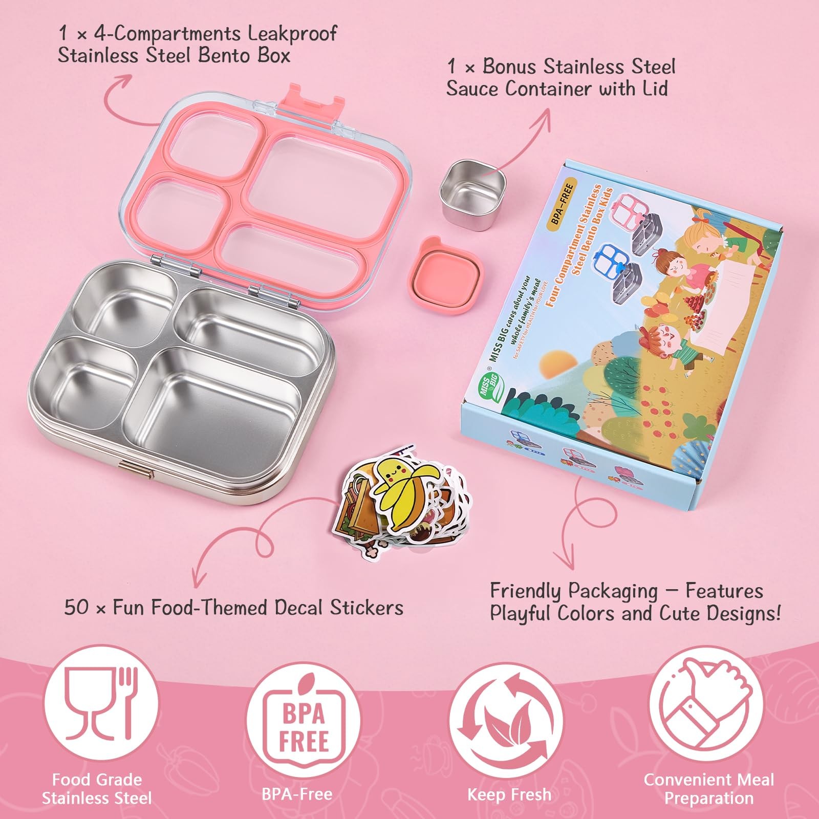 Miss Big Stainless Steel Bento For Kids 28Oz 4 Compartments Lunch Clear Lid And
