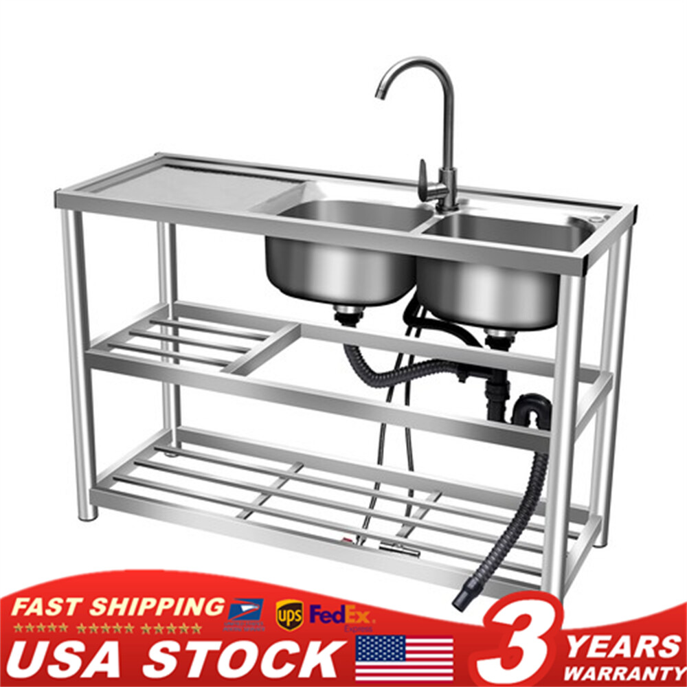 Stainless Steel Free Standing Commercial Restaurant Sink 2 sinks with Faucet