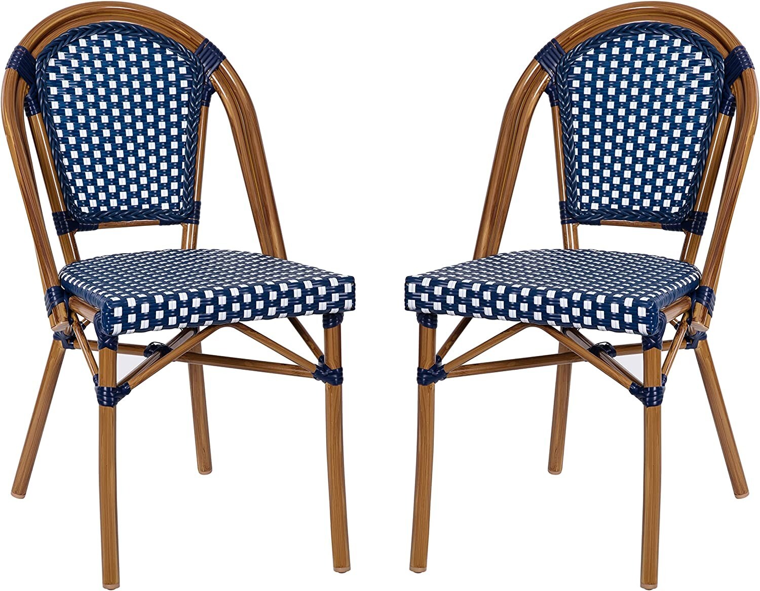 2 PACK Bistro Style Navy & White Armless Dining Chair W/ Bamboo Aluminum Frame