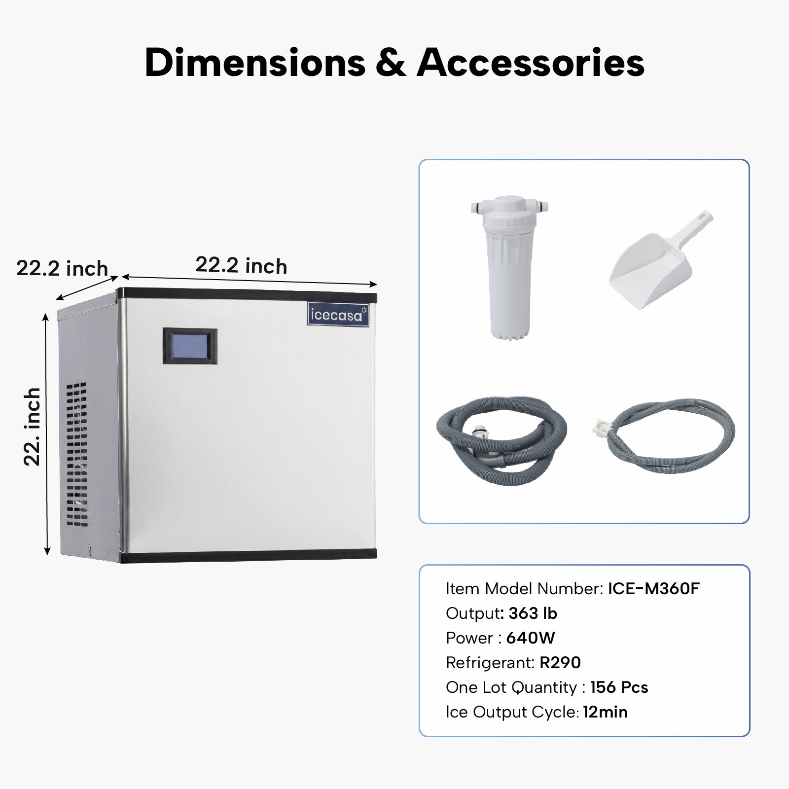 ICECASA 360lbs/24h Commercial Ice Maker Machine Head Stainless Steel Restaurant