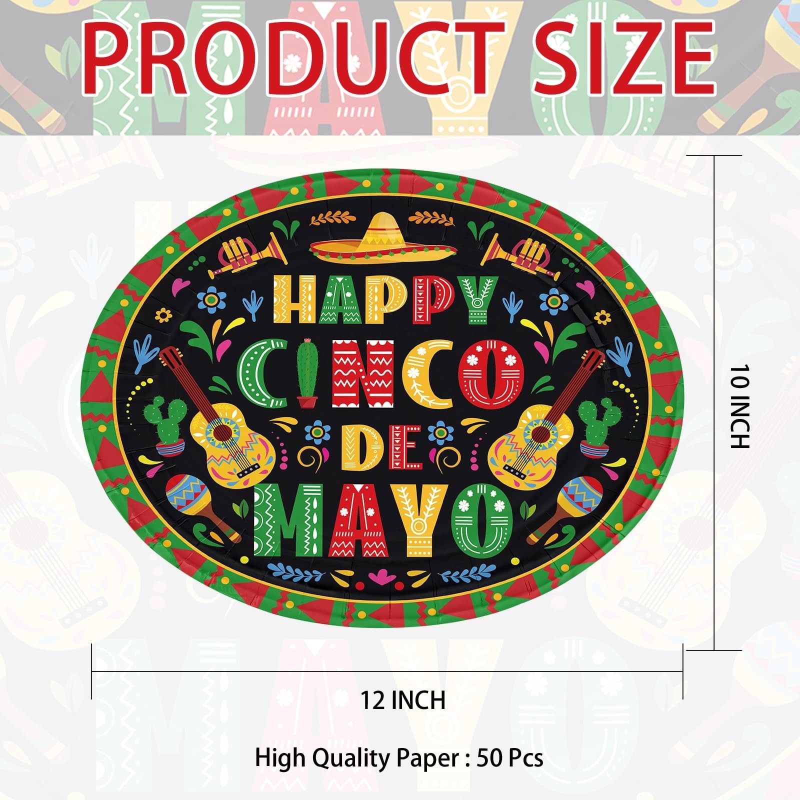 50Pcs Cinco De Mayo Oval Paper Plates 10″ x 12″ Large Disposable Heavy Duty M…