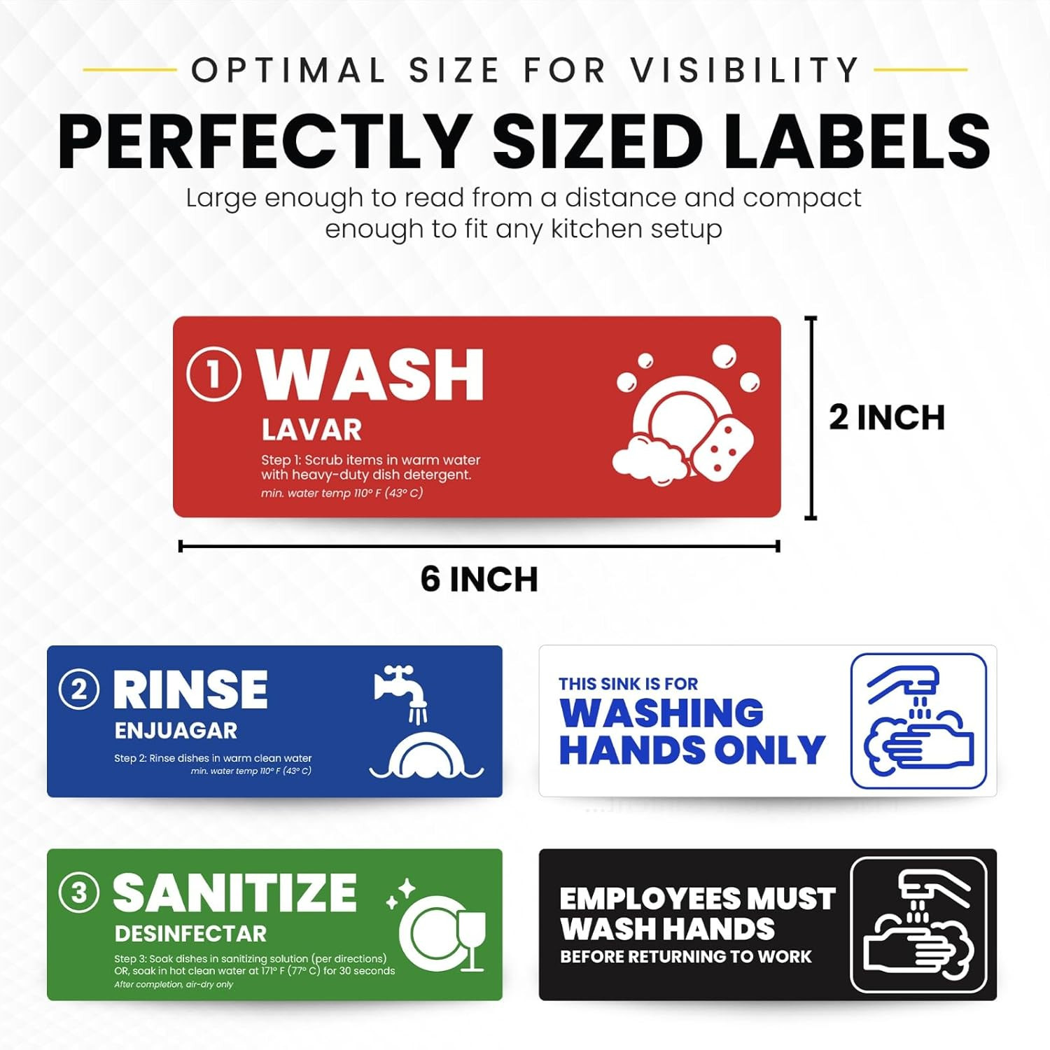 [Enhanced] Wash Rinse Sanitize Sink Labels, Hand Wash Only, and Employee Must Wa
