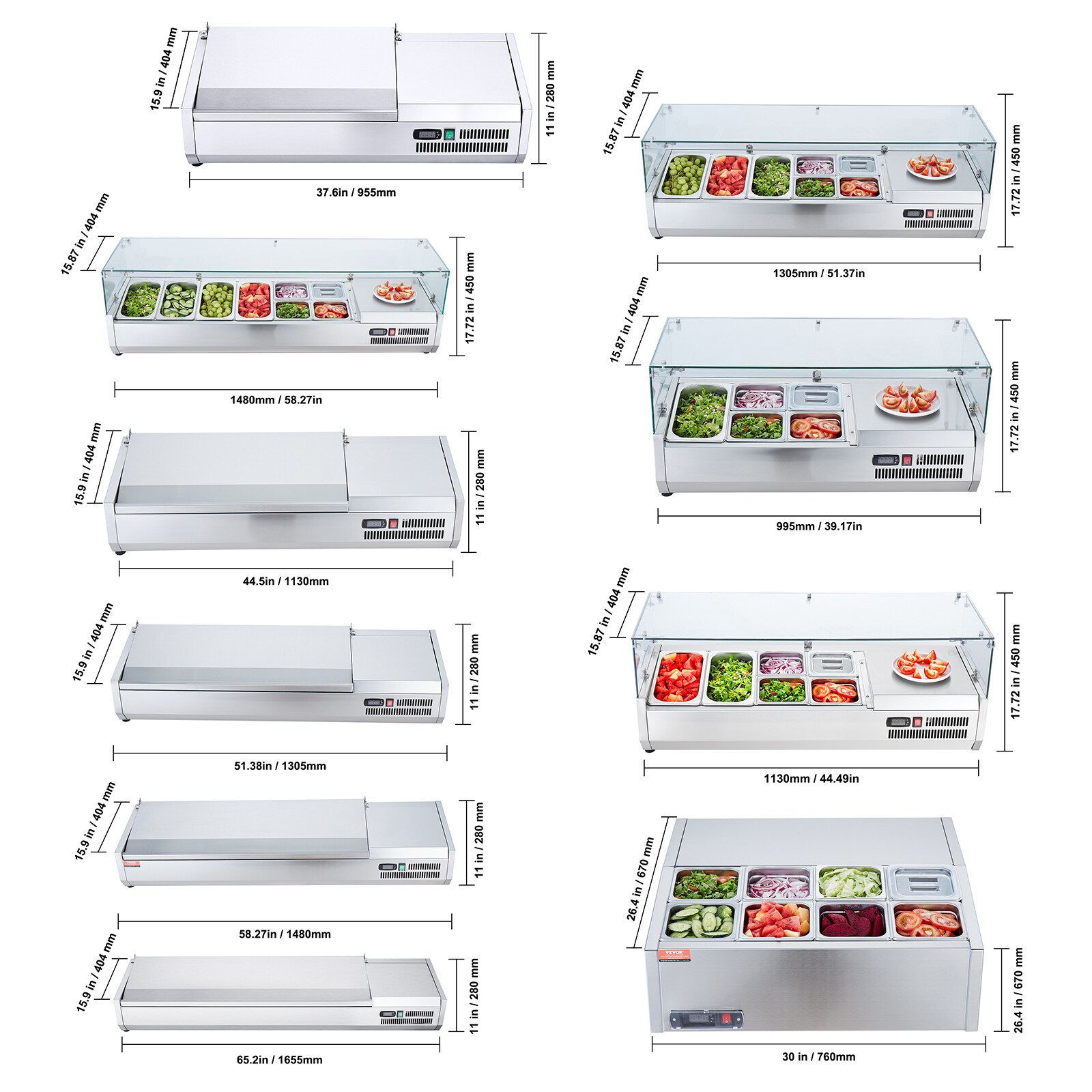 VEVOR 27.5″-71″ Countertop Condiment Refrigerated Salad Sandwich Prep Station