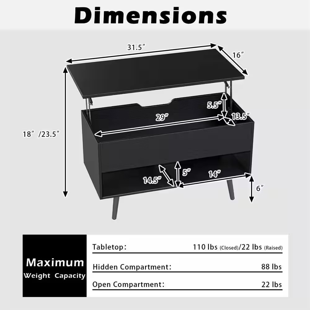 31 .5 In. Black 17.5 In. Rectangle Wood Lift Top Coffee Table Moderntable with H
