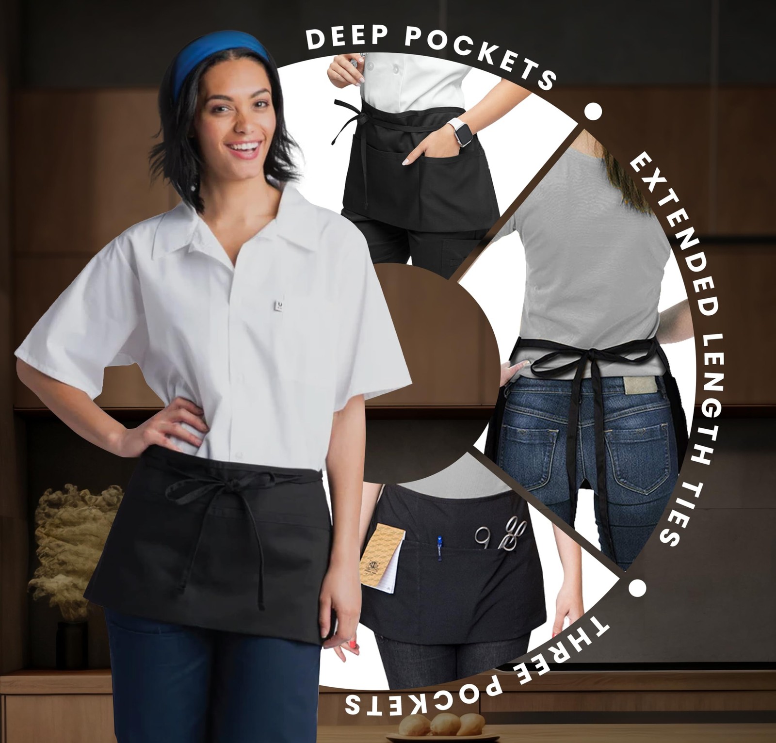 Avalon Kitchen Server Aprons with 3 Pockets, 100% Polyester Waist Apron with …