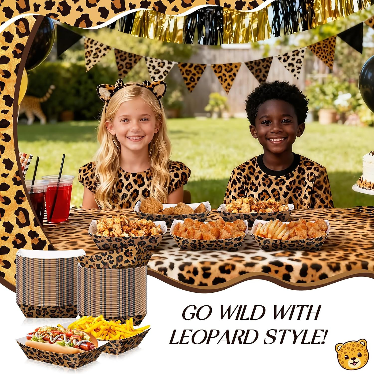 100 Pcs 2Lb Leopard Print Paper Food Trays Boats Jungle Animal Disposable Paper