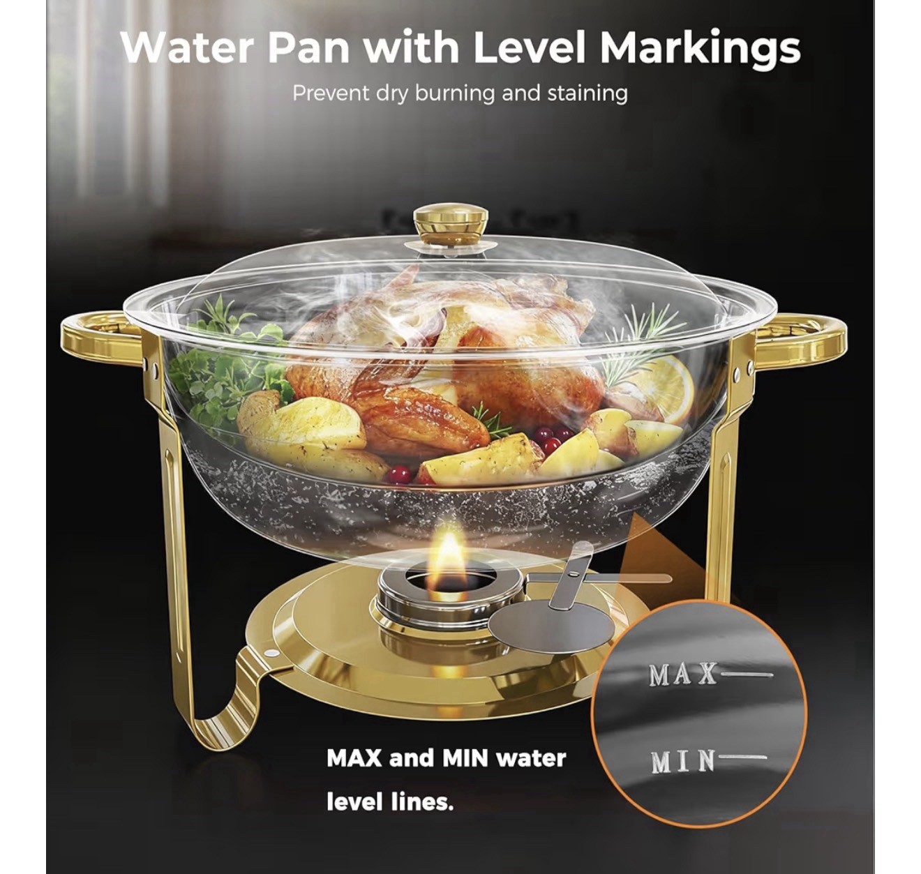 Round Stainless Steel Chafing Dish with Brass Accent Lift-Off Lid