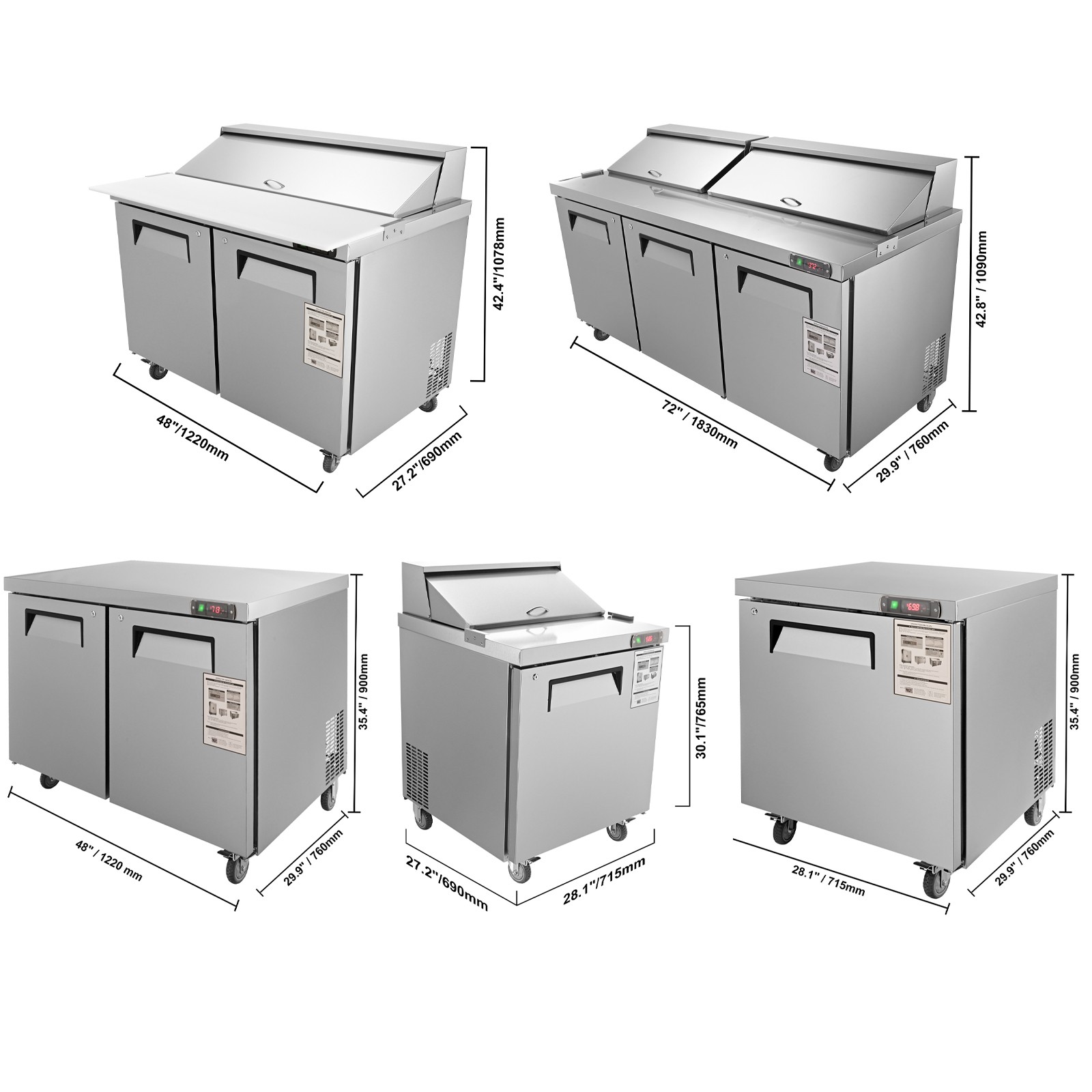 VEVOR 1/2/3 Doors Sandwich Salad Prep Table Undercounter Refrigerator Worktop