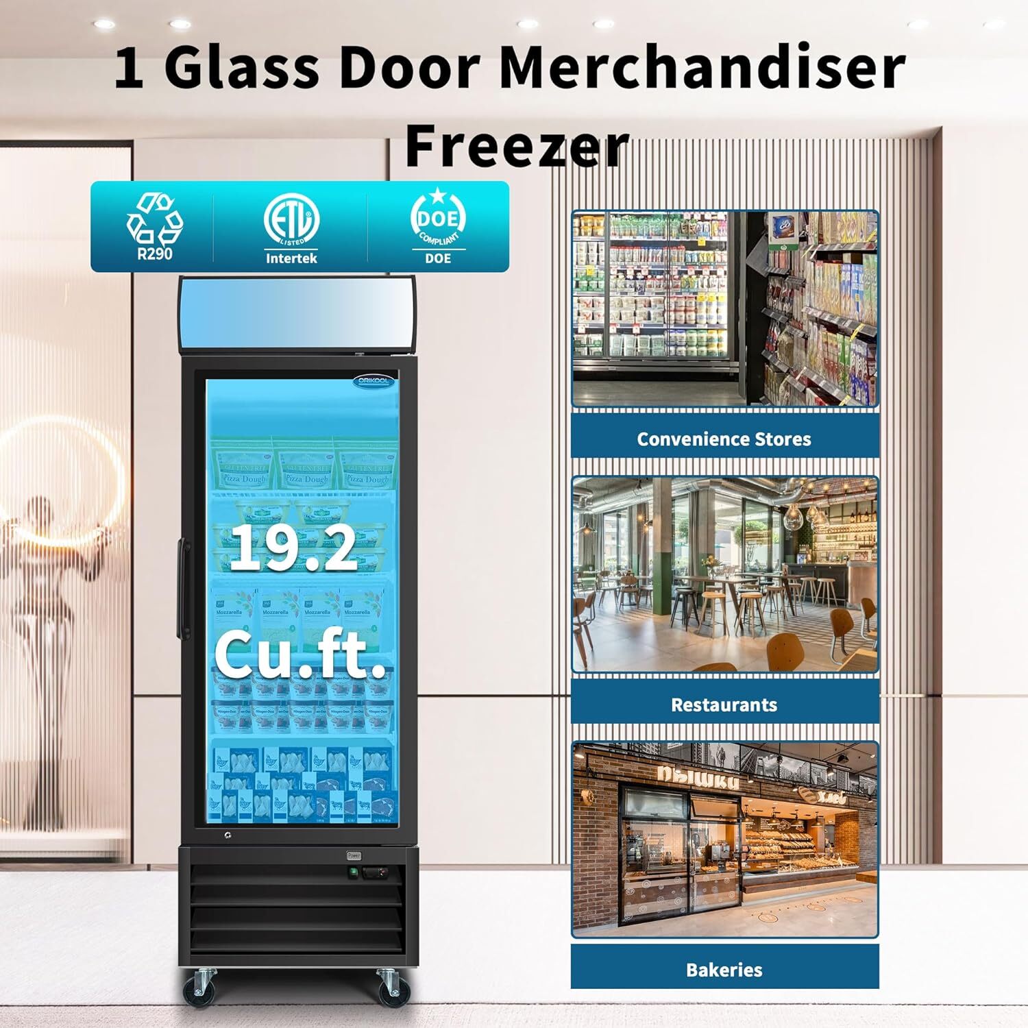 27″ Merchandiser Freezer Glass Swing Door Frozen Food Display Cooler 19.3 Cu.ft