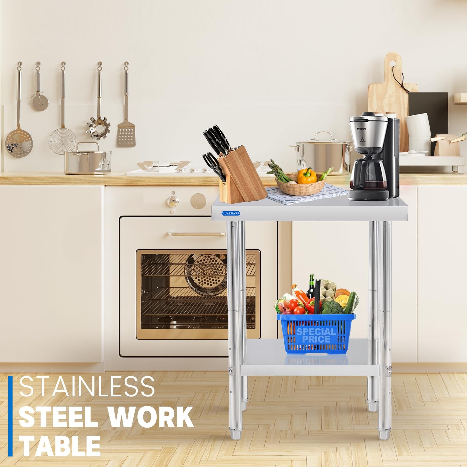 Stainless Steel Table for Prep & Work with Undershelf 18 x 24 Inches NSF Metal