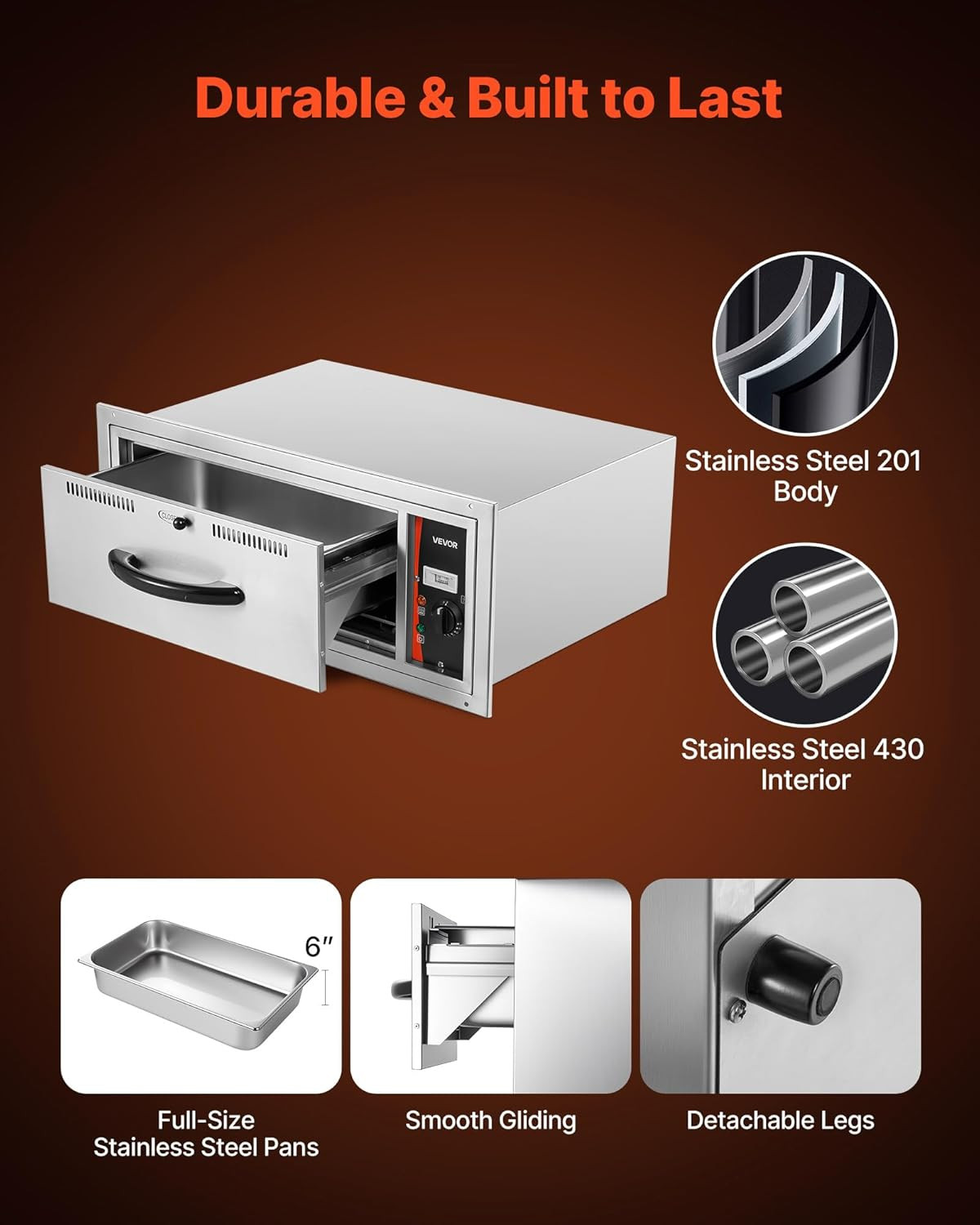 Commercial Electric Drawer Warmer, Single-Drawer Stainless Steel Food Warmer, Bu