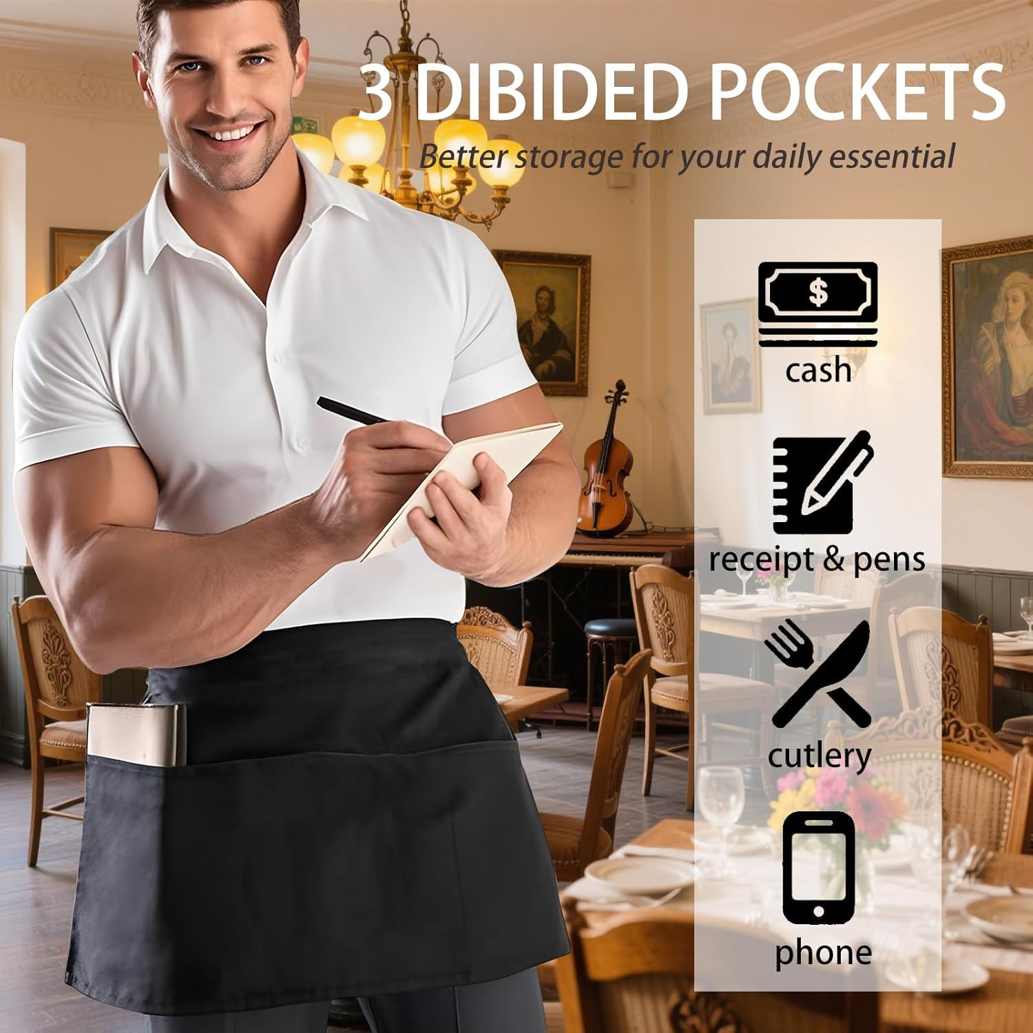 2 Pack Server Apron, Black Waitress Apron with 3 Pockets, Waiter Short Half Wais