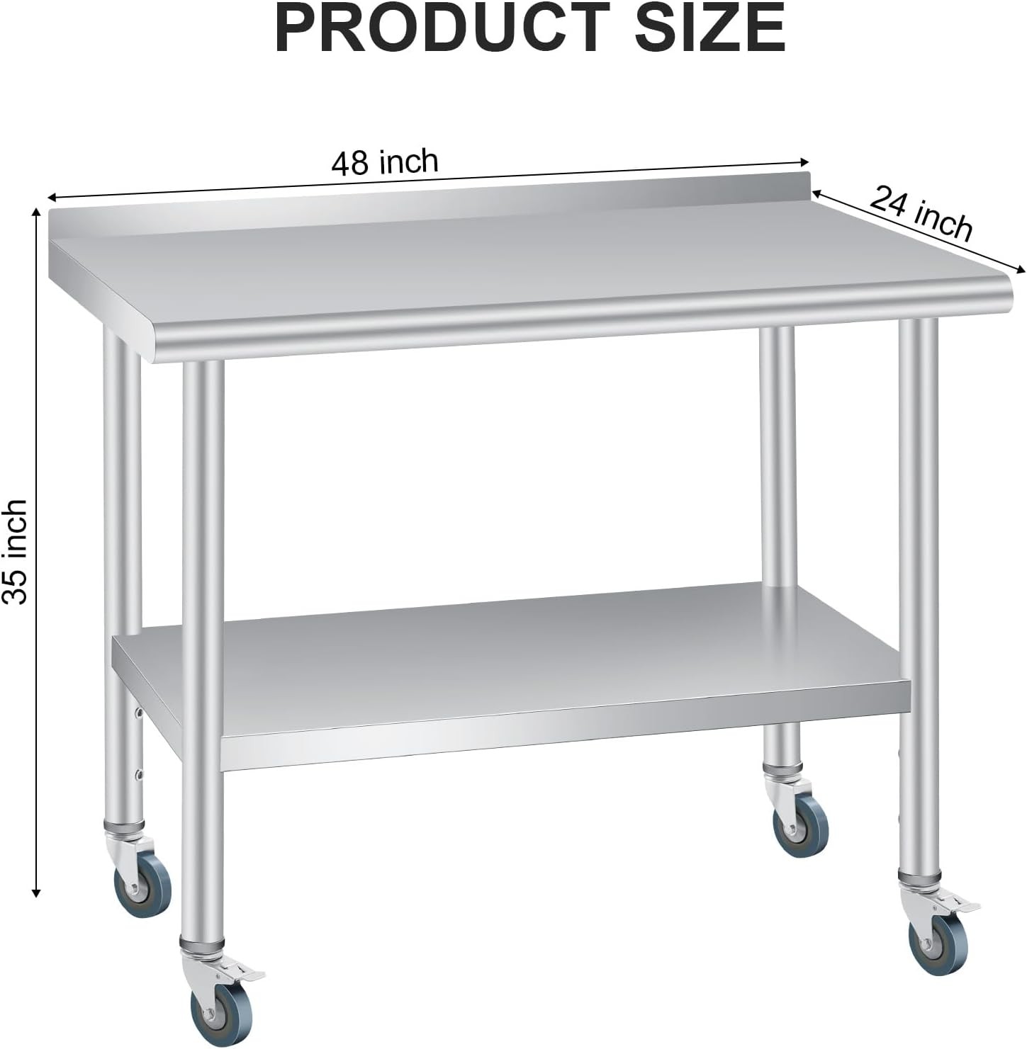 Stainless Steel Kitchen Restaurant Prep Work Table with 4 Wheels and Backsplash