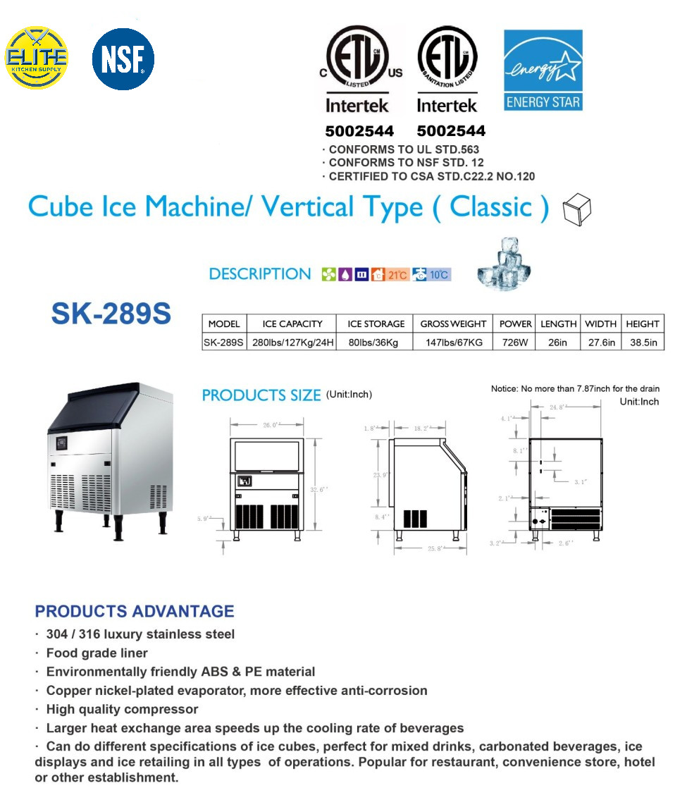 NSF Commercial Cube Ice Maker 290 LBS/ Day, Free Standing Ice Machine