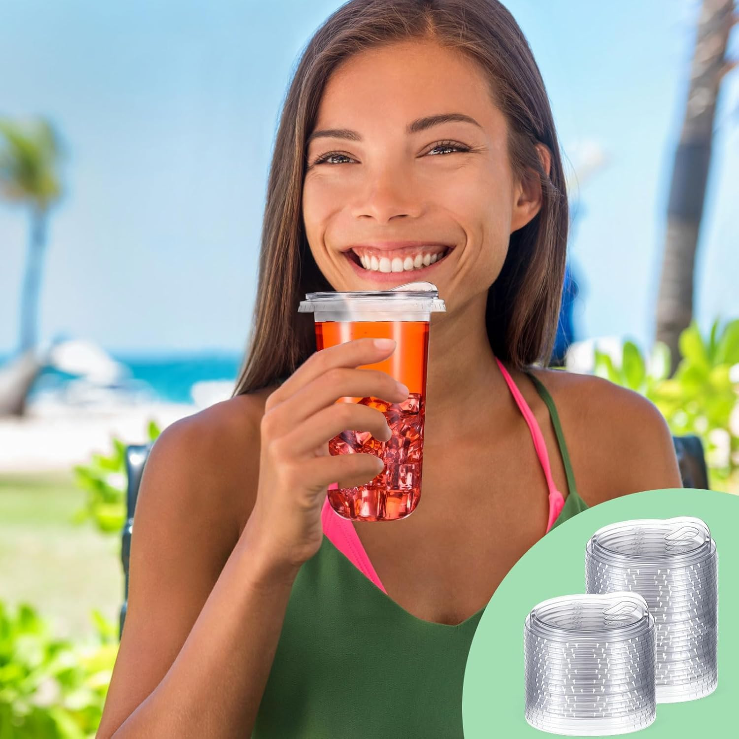 50 Pcs Clear Strawless Plastic Lids Fits for 12, 16, 20 and 24 Oz Cups Disposab