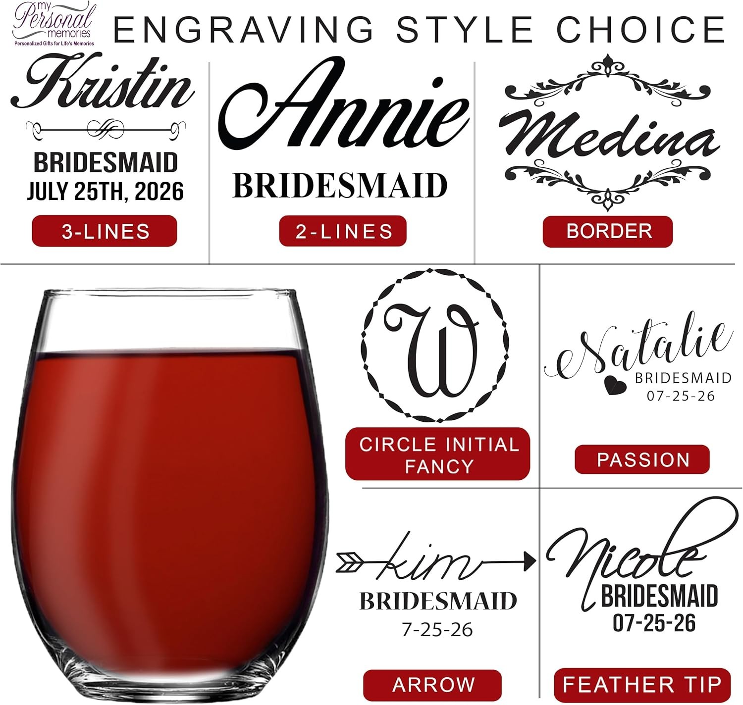 Monogrammed Personalized Stemless Wine Glasses for Bridesmaid, Engraved