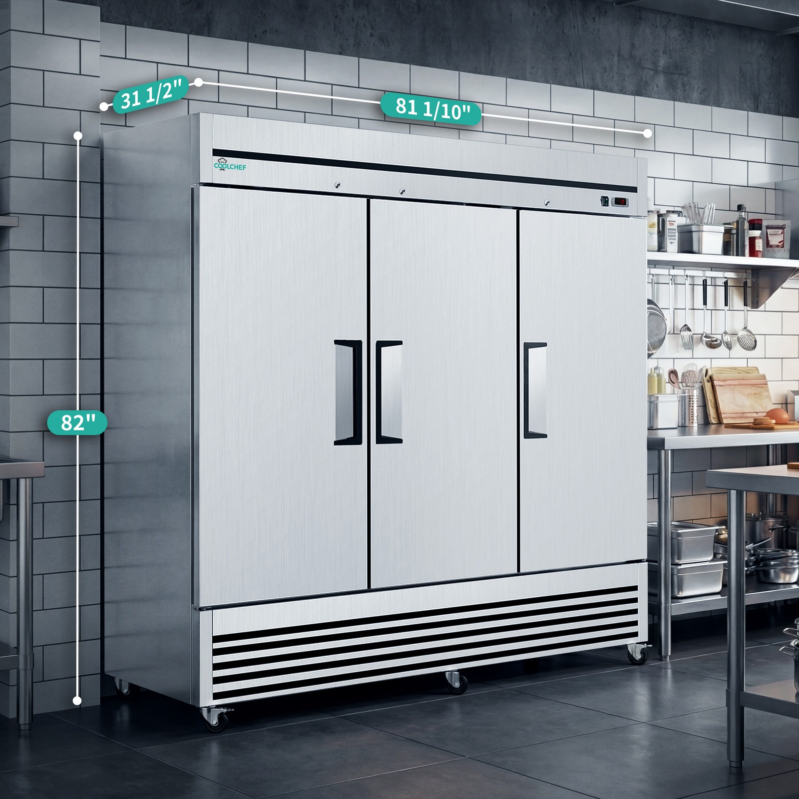 Commercial 81» Reach-In Freezer Upright Stainless Steel Solid 3 Doors 72 Cu.ft.