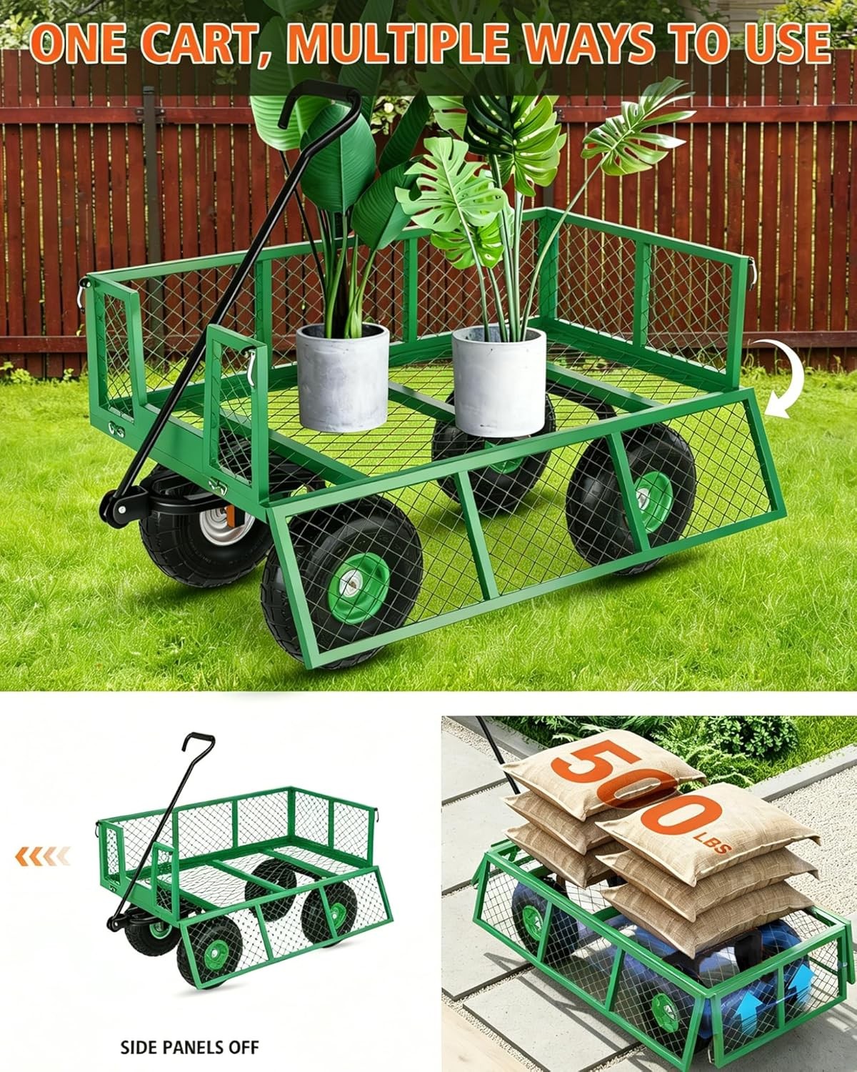 3 in 1 500LBS Heavy Duty Steel Garden Cart Pullable Garden Wagon for Gardening