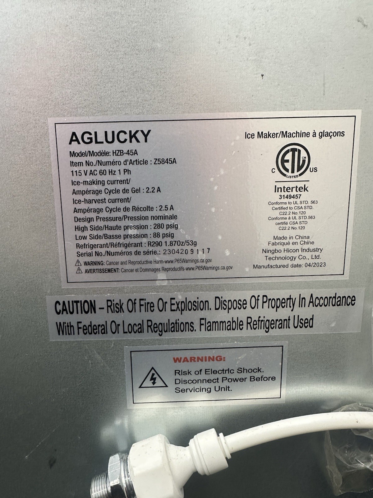 AGLUCKY HZB-45A Commercial Ice Maker 100 lb/day R290 2023 Model Z5845A
