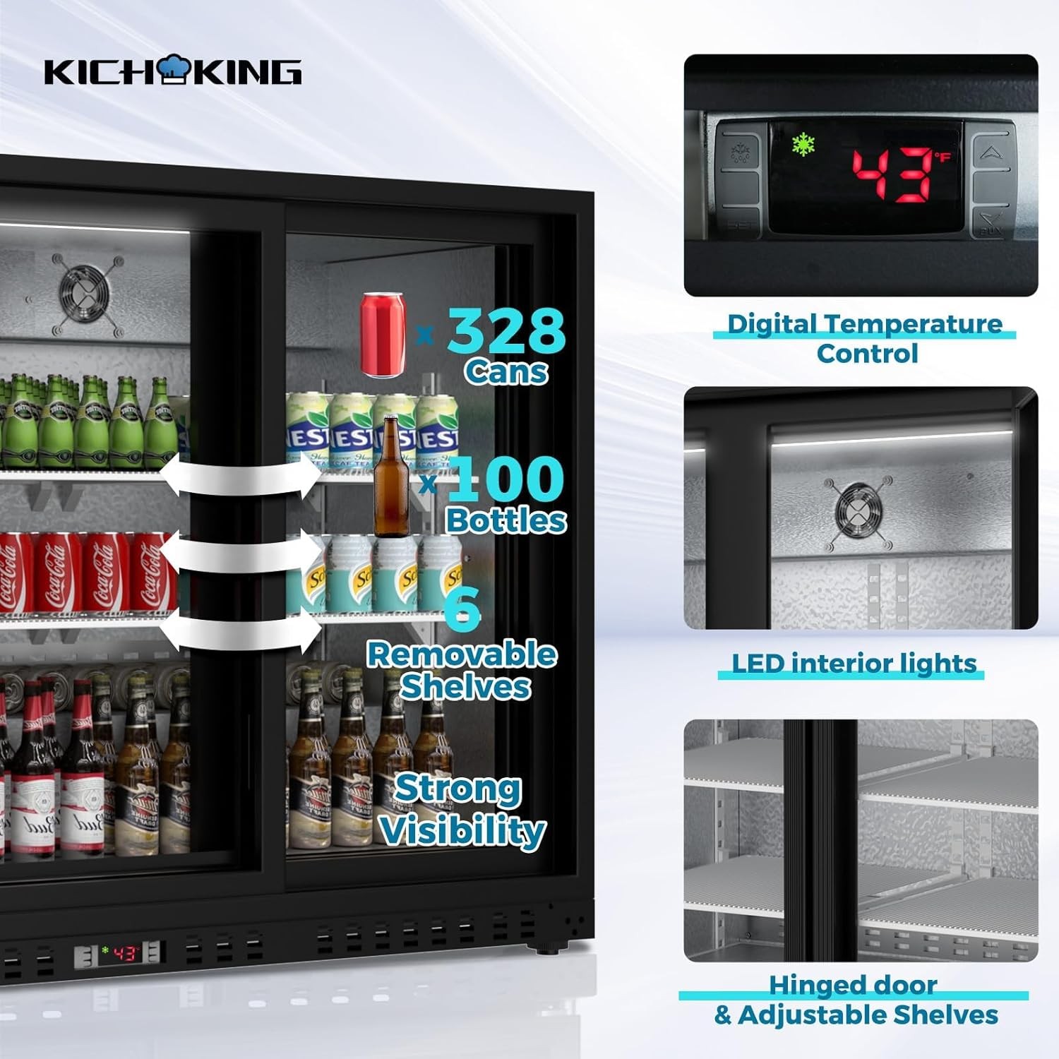 Commercial Back Bar Cooler 53.2″W Beverage Refrigerator 3 Glass Sliding Doors