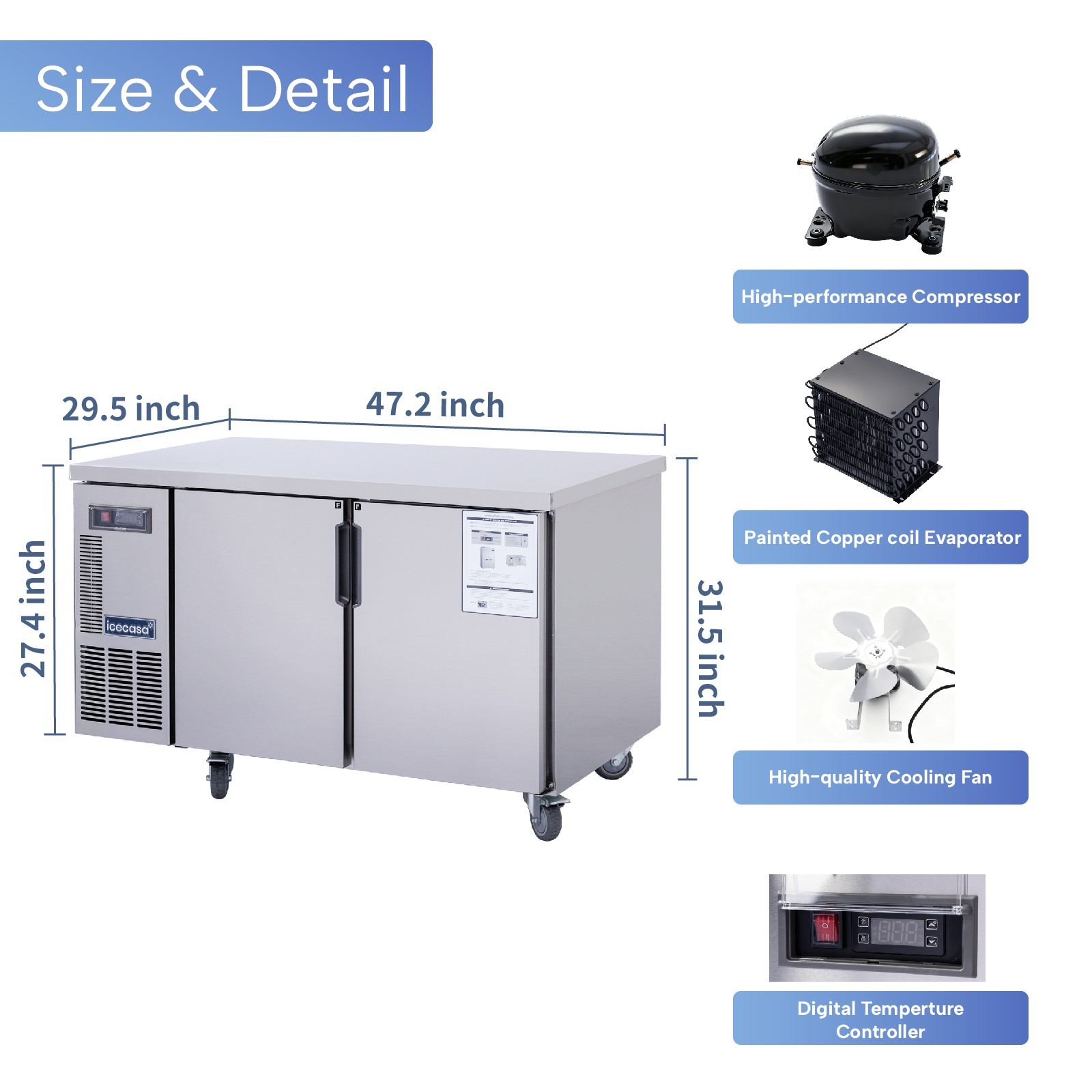 ICECASA 48″ Commercial Worktop Freezer Undercounter Stainless Steel Fridge
