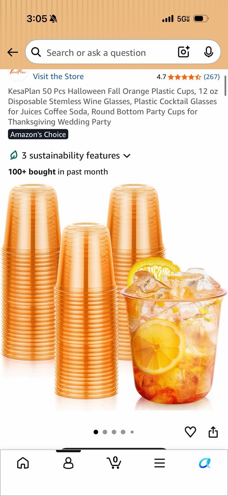 KesaPlan Orange Plastic Disposable Cups 12 oz Round Cup