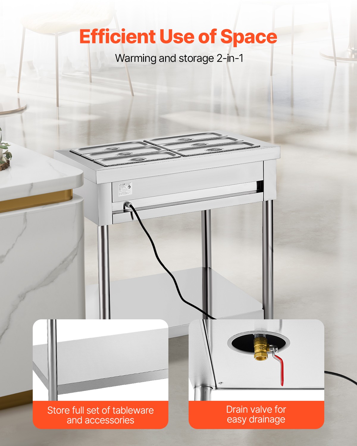 VEVOR 6 x 1/3 Pans Commercial Food Warmer Electric Steam Table with Undershelf