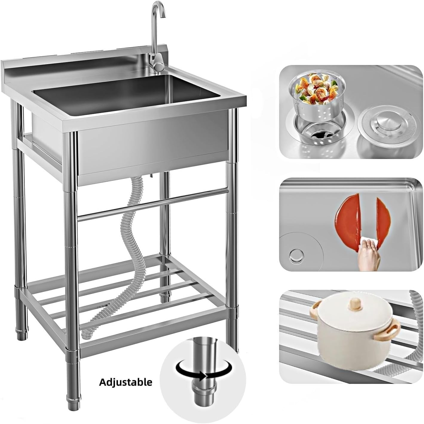 Free Standing Utility Sink Single Bowl Commercial Sink Cold and Hot Water Pipe