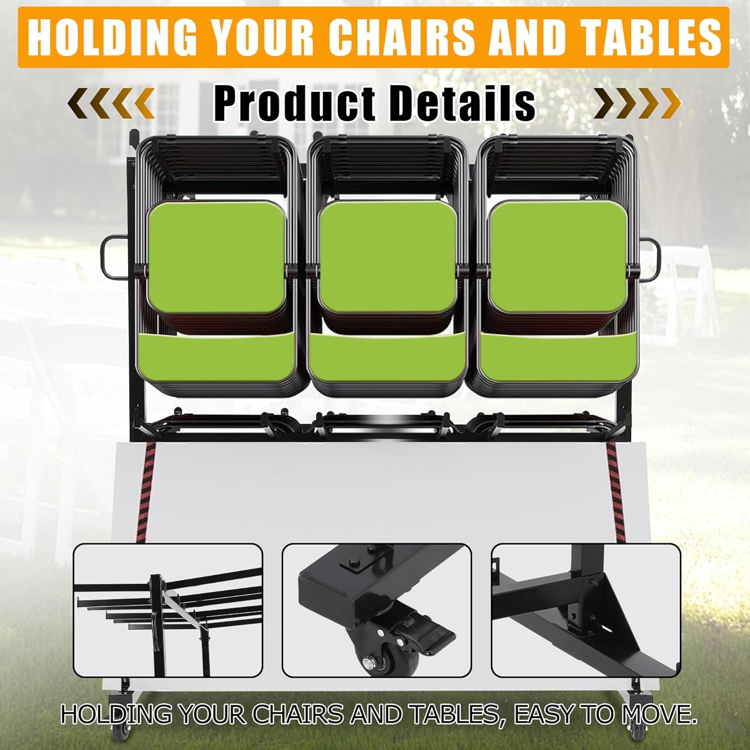 Folding Chair Cart Storage Rack w/ Wheels for 80 Chairs of 800Lbs w/ Rain Cover