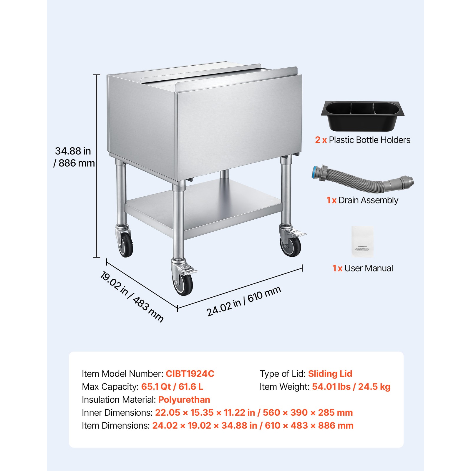 Uimoso 65.1Qt Commercial Ice Bin 24×19 in Underbar Ice Bin With Sliding Lid