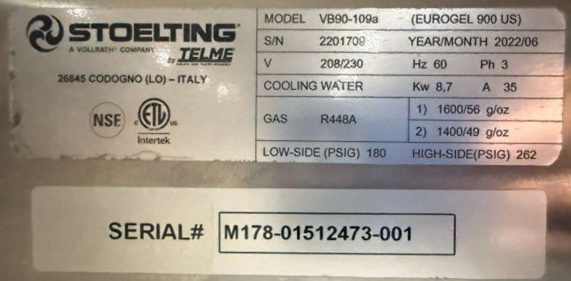 Stoelting VB90-109A Telme Vertical Batch Freezer Floor Model Water Cooled 84qt/h
