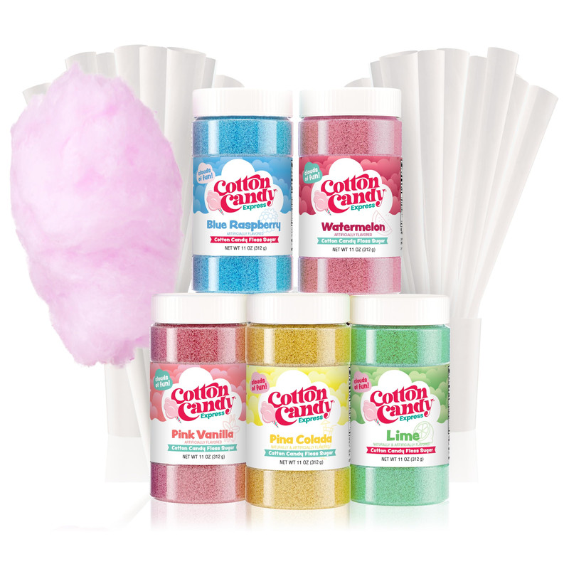 Cotton Candy Express Floss Sugar Variety Pack 5 – 11Oz Plastic Jars Of Lime