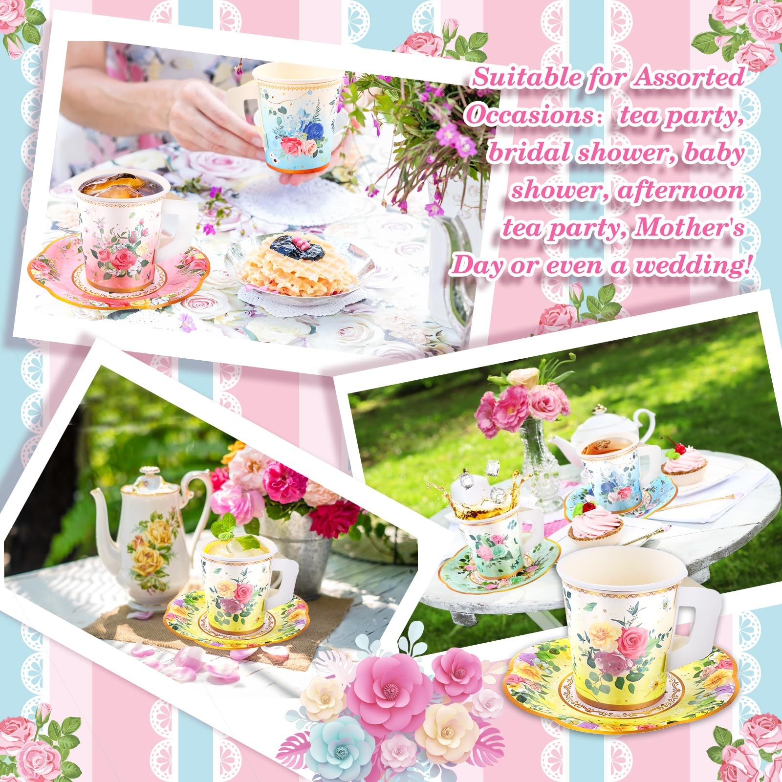 160 Pcs Floral Paper Tea Cups and Saucers 7 OZ Disposable Paper Tea Cups with…