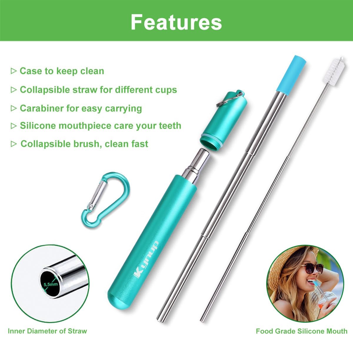 Kynup 4Packs Reusable Straws Metal Straw Silicon Travel Drinking Straws Case
