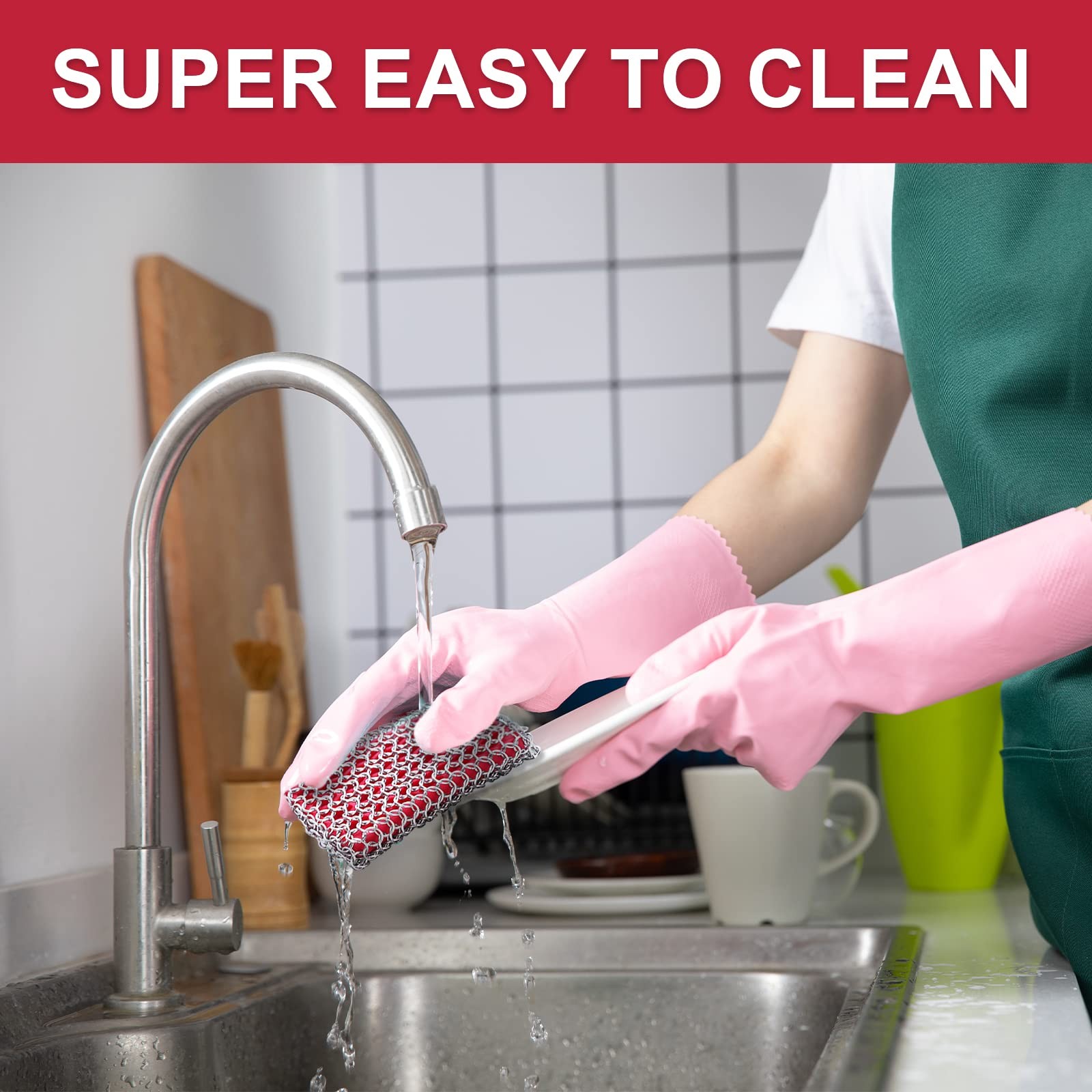 Cast Iron Scrubber, Chain Mail Scrubber with Silicone Insert, 316L Large, Red