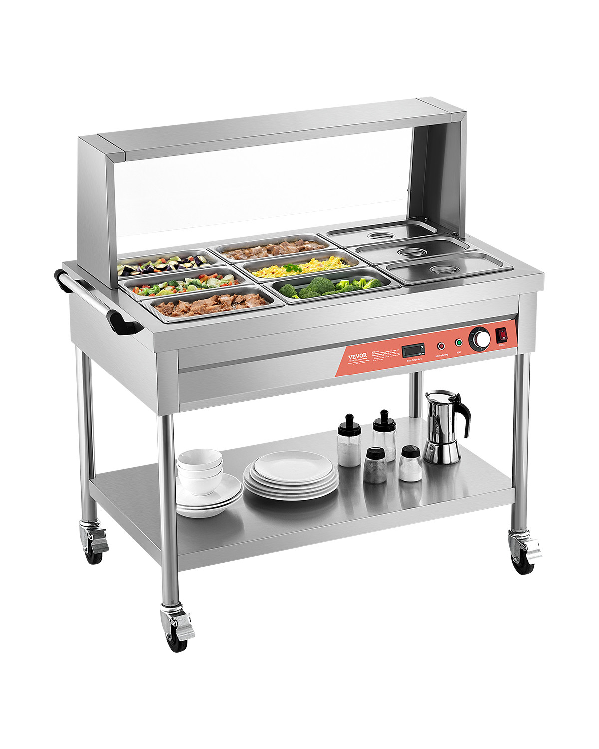 VEVOR 9 x 1/3 Pans Commercial Food Warmer Steam Table with Undershelf and Shield