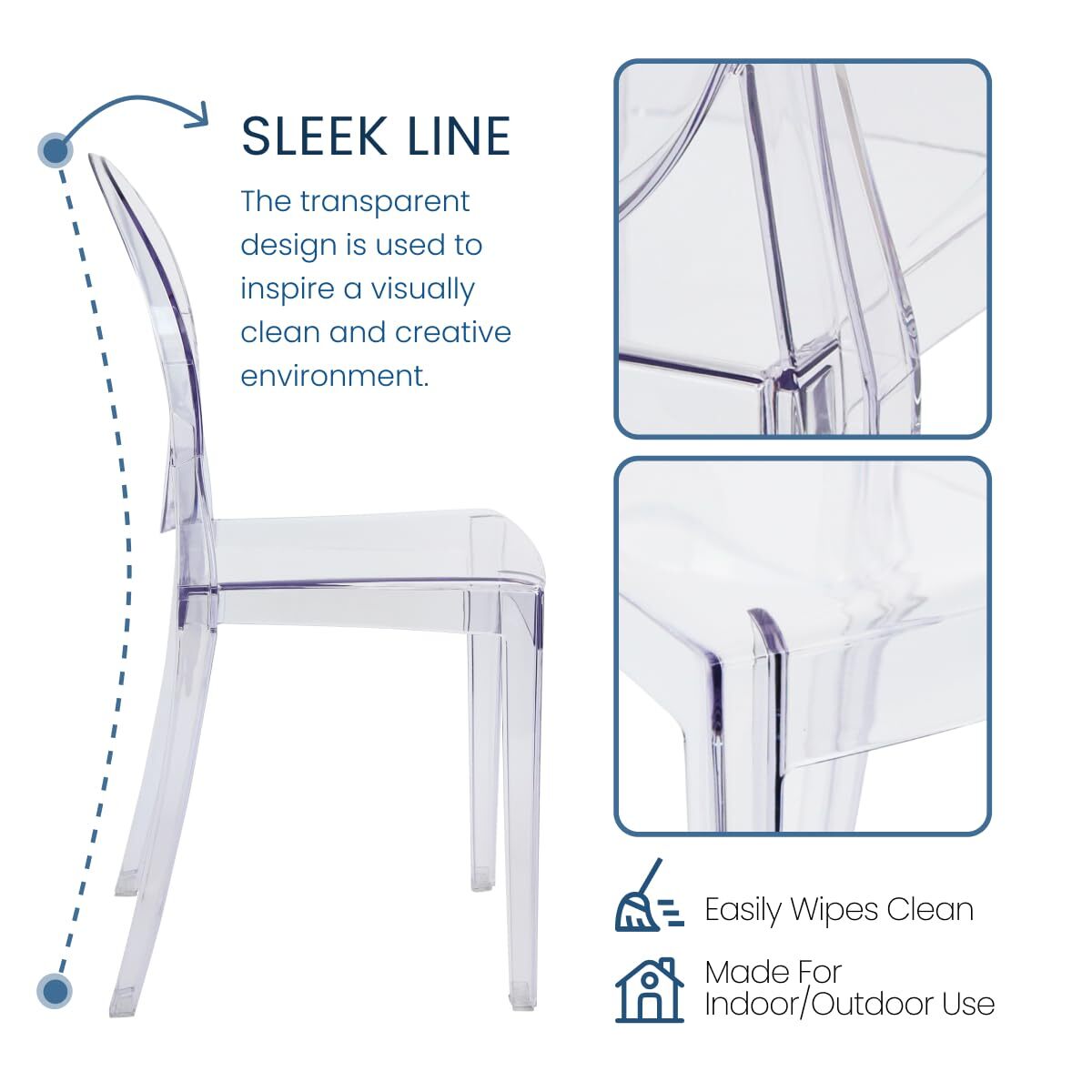Set of 4 Ghost Chairs Transparent Crystal Acrylic Stacking Chair for Events Home