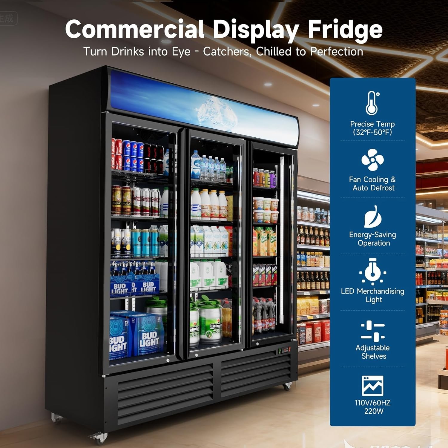 Commercial Display Refrigerator 3 Doors 56 Cu. Ft Merchandiser Beverage Cooler