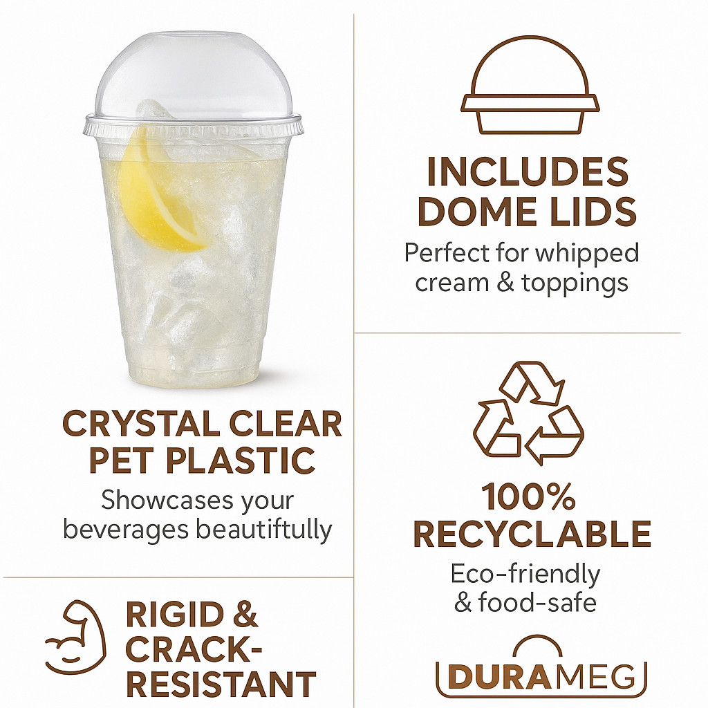 DURAMEG 12oz Clear PET Cups with Dome Lids 100 Pack | Disposable Smoothie Cups