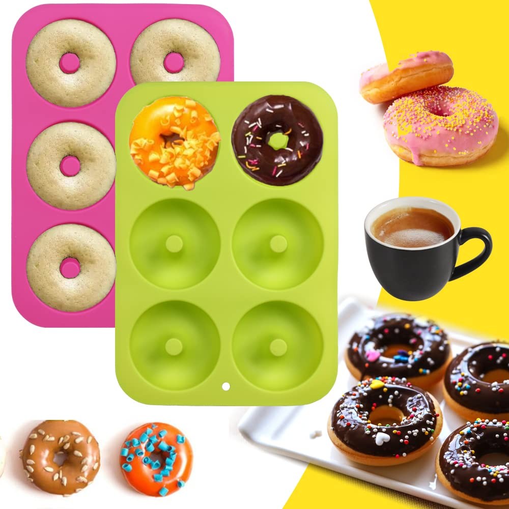 homEdge Silicone Donut Molds, 2-Pack of 10*7*1 inches, Pink and Green