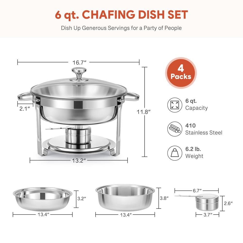 Wilprep 4-Pack 6 qt. Stainless Steel Round Chafing Dishes Buffet Set