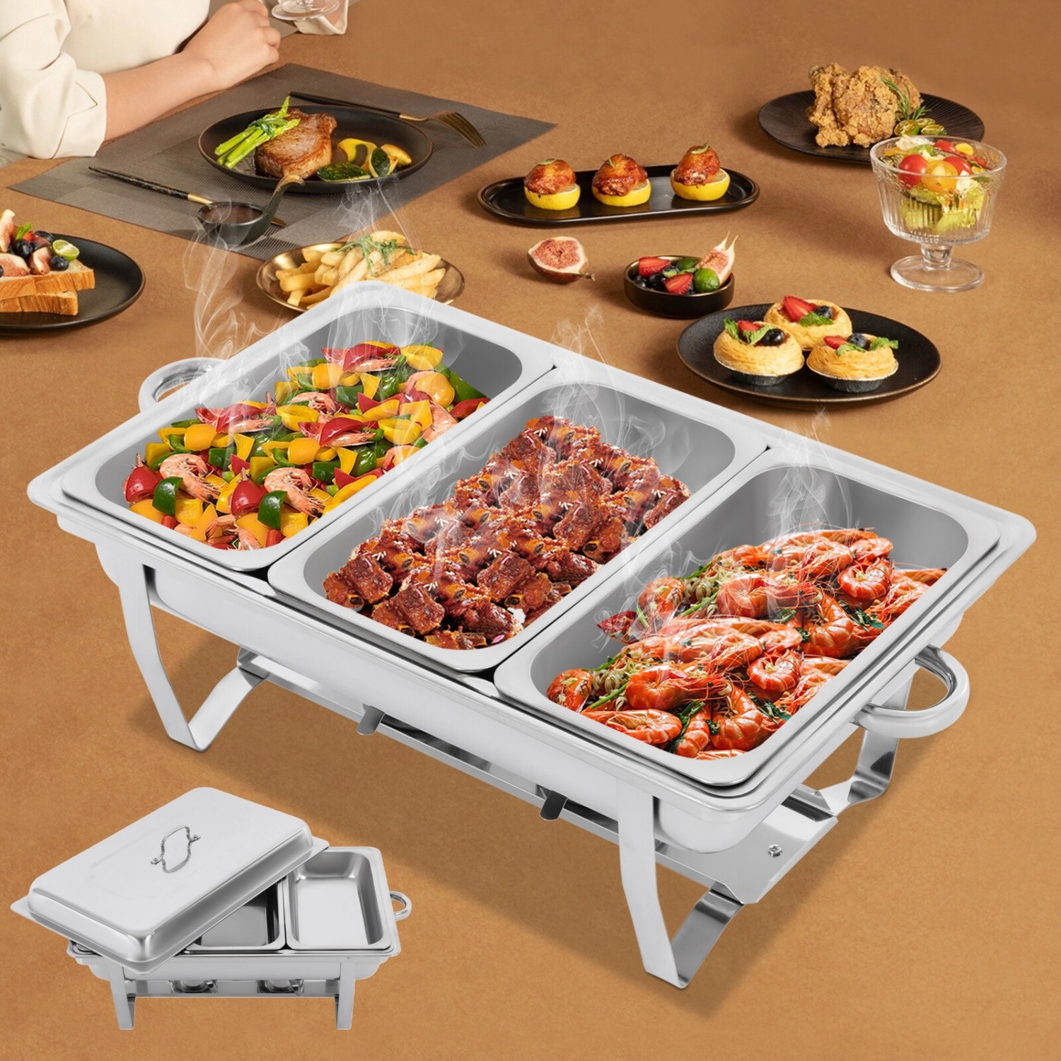Chafing Dish Buffet Set Stainless Steel Food Warmer with 3 Pan for Wedding