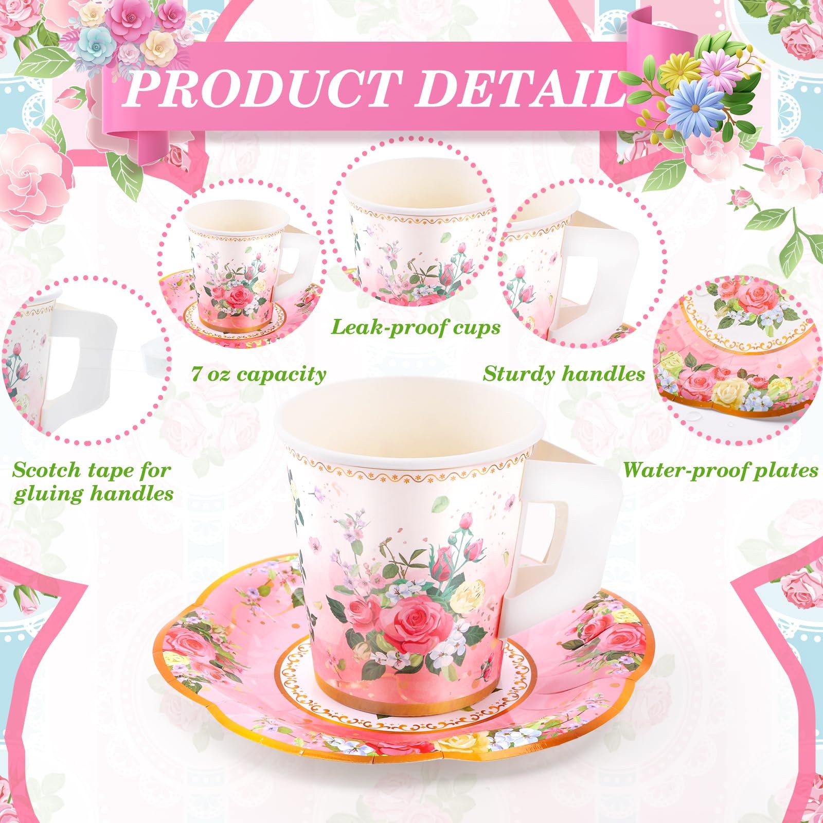 160 Pcs Floral Paper Tea Cups and Saucers 7 OZ Disposable Paper Tea Cups with…