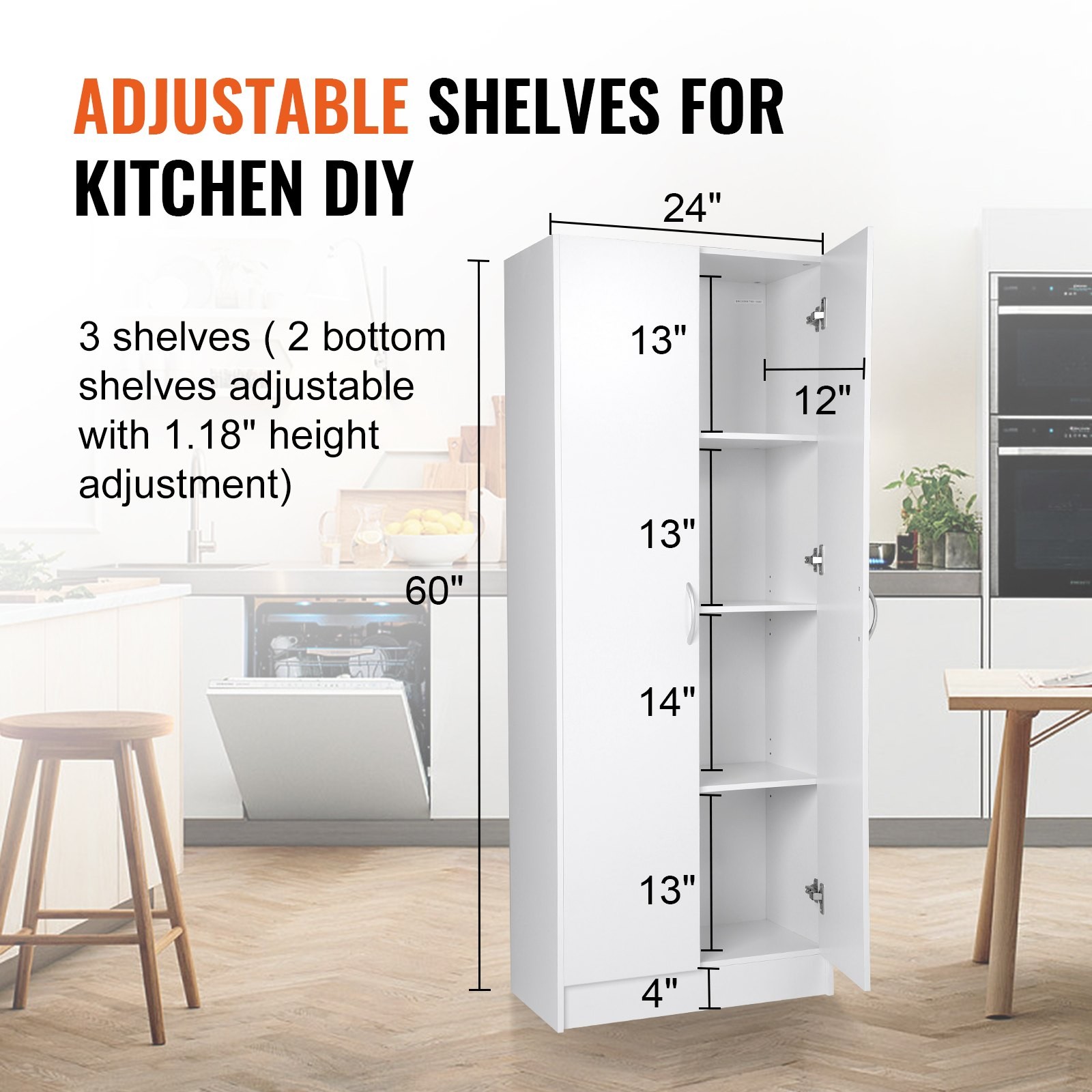 Kitchen Pantry Cabinet, 60″ Tall Food Pantry Storage Cabinet, 110LBS Freestandin