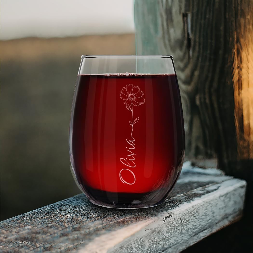 Personalized Birth Flower Stemless Wine Glass – Custom Engraved Name or Monogram