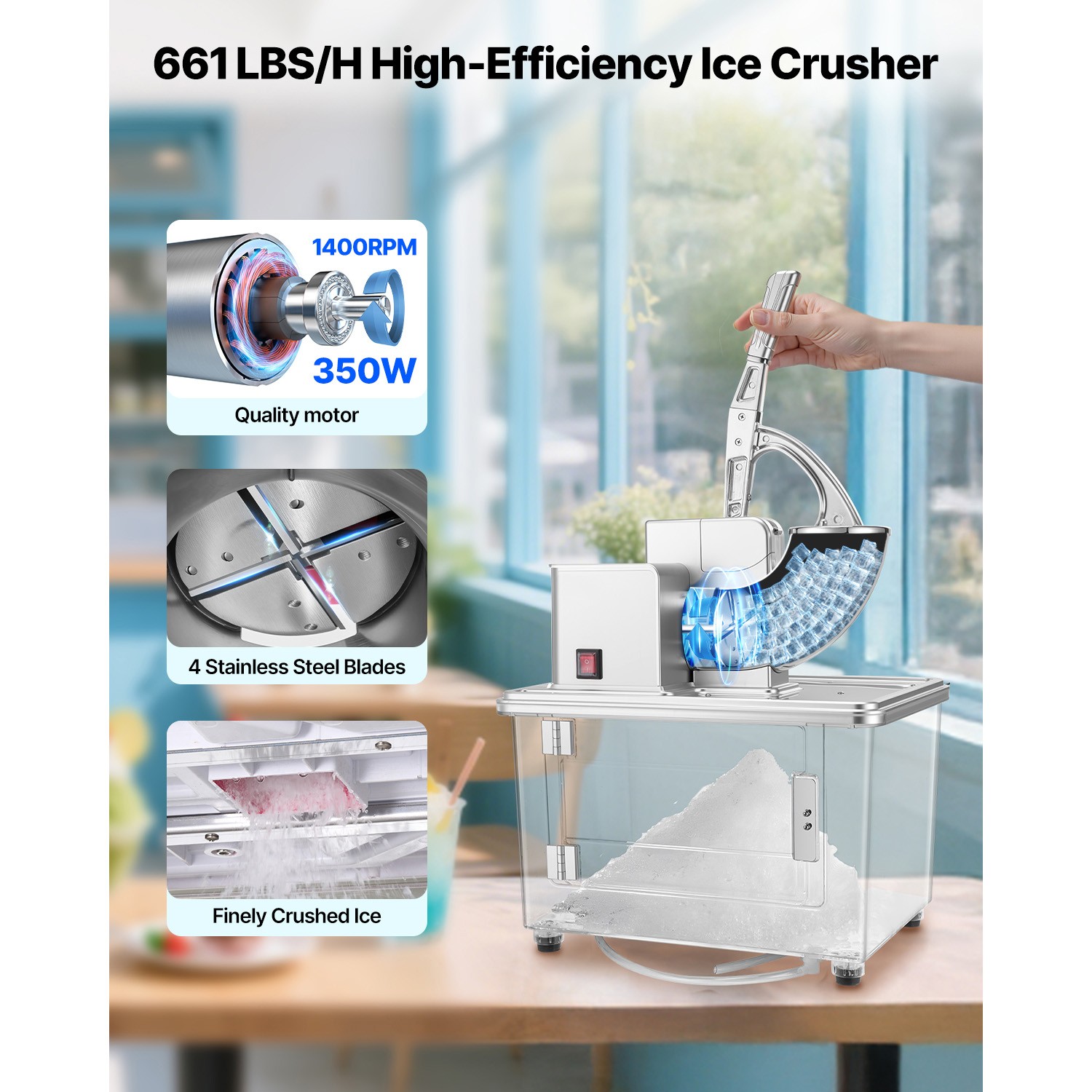 Commercial Ice Crusher 661LBS/H Electric Snow Cone Maker Shaved Ice Silver