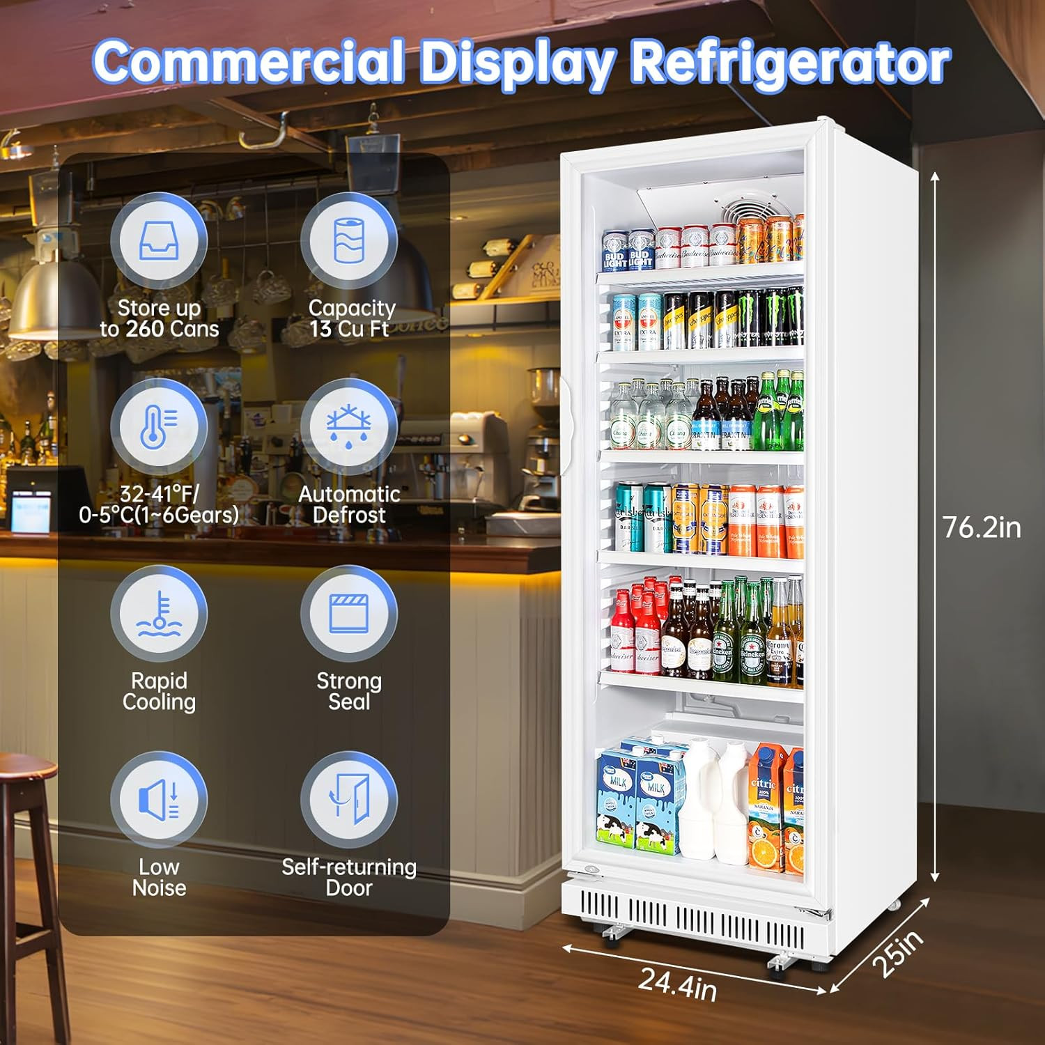 Commercial Beverage Refrigerator, 24.5 Inch 15 Cu. Ft. Drink Fridge, Display Ref
